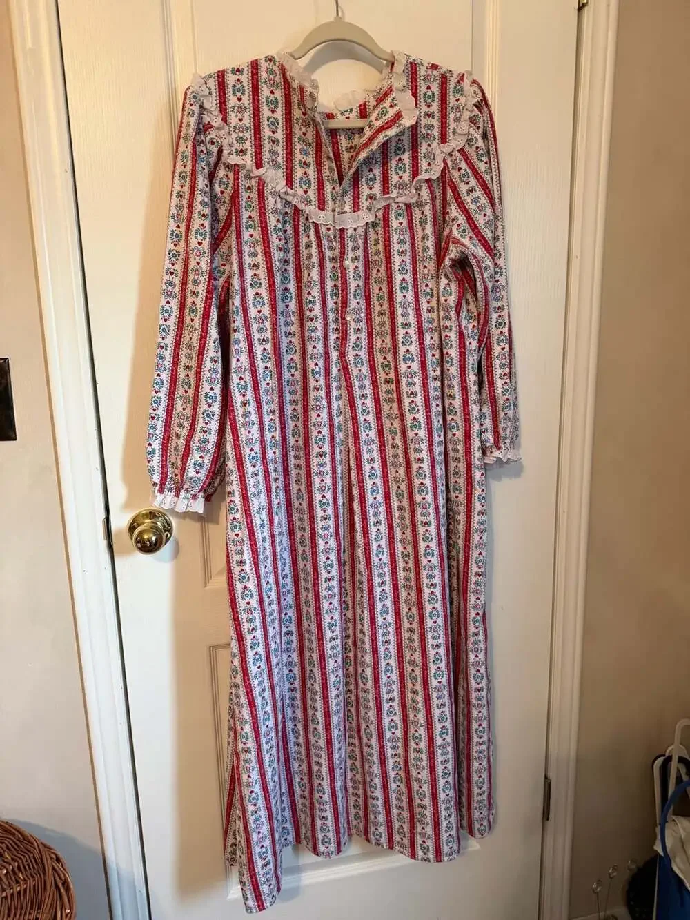 Lanz of Salzburg by Eileen West Flannel Nightgown Red Floral Stripe